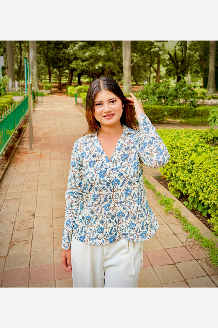 SHREADS Floral Print V-Neck Full-Sleeve Top
