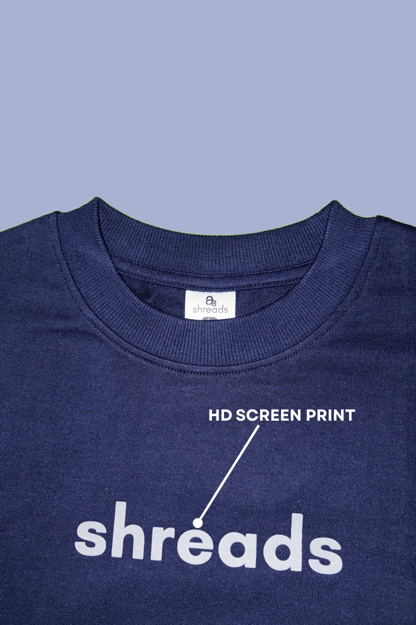 shreads plain Navy blue tshirt with shreads logo and 'HD SCREEN PRINT' text on a gray background