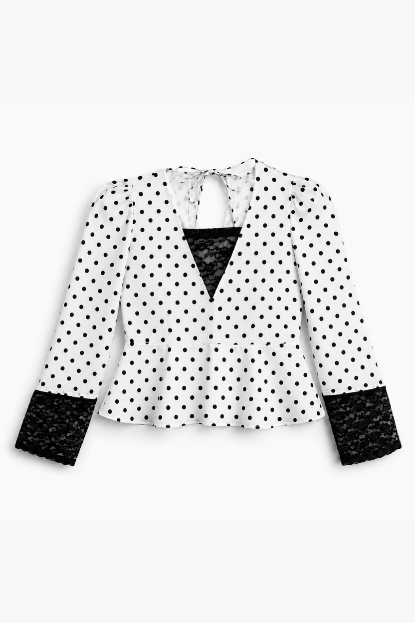 White Polka Dot Crepe Peplum Top with Lace Detail and Long Sleeves