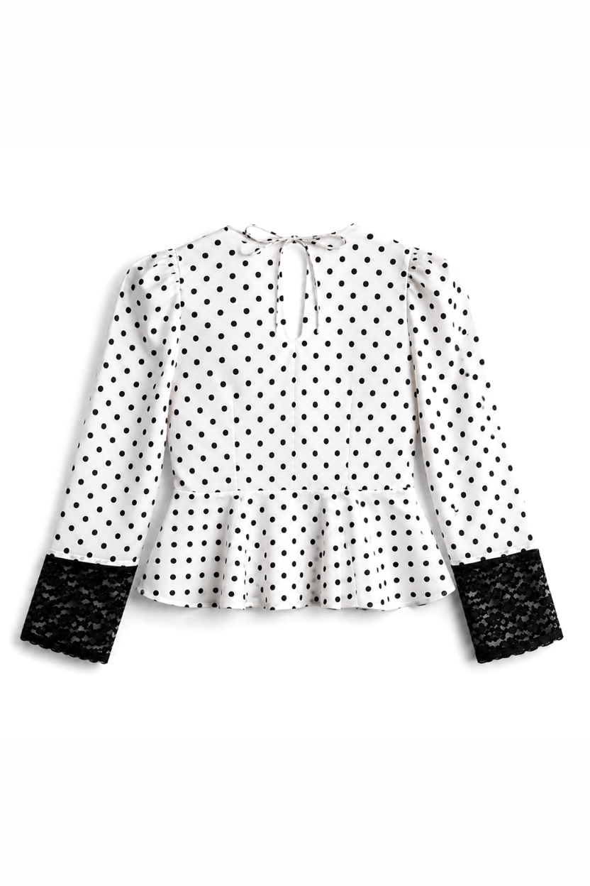 White Polka Dot Crepe Peplum Top with Lace Detail and Long Sleeves